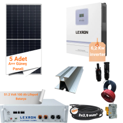 6,2 KW  LİTYUM AKÜLÜ  GÜNEŞ ENERJİLİ BAĞ EVİ HOBİ BAHÇESİ PAKETİ - TAM SET MONTAJA HAZIR